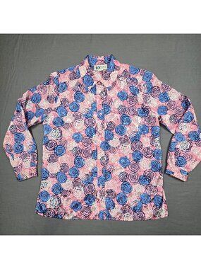 Vintage Da-Rue California Satin Button-Up Blouse Size 12 Large Pink/Blue Floral